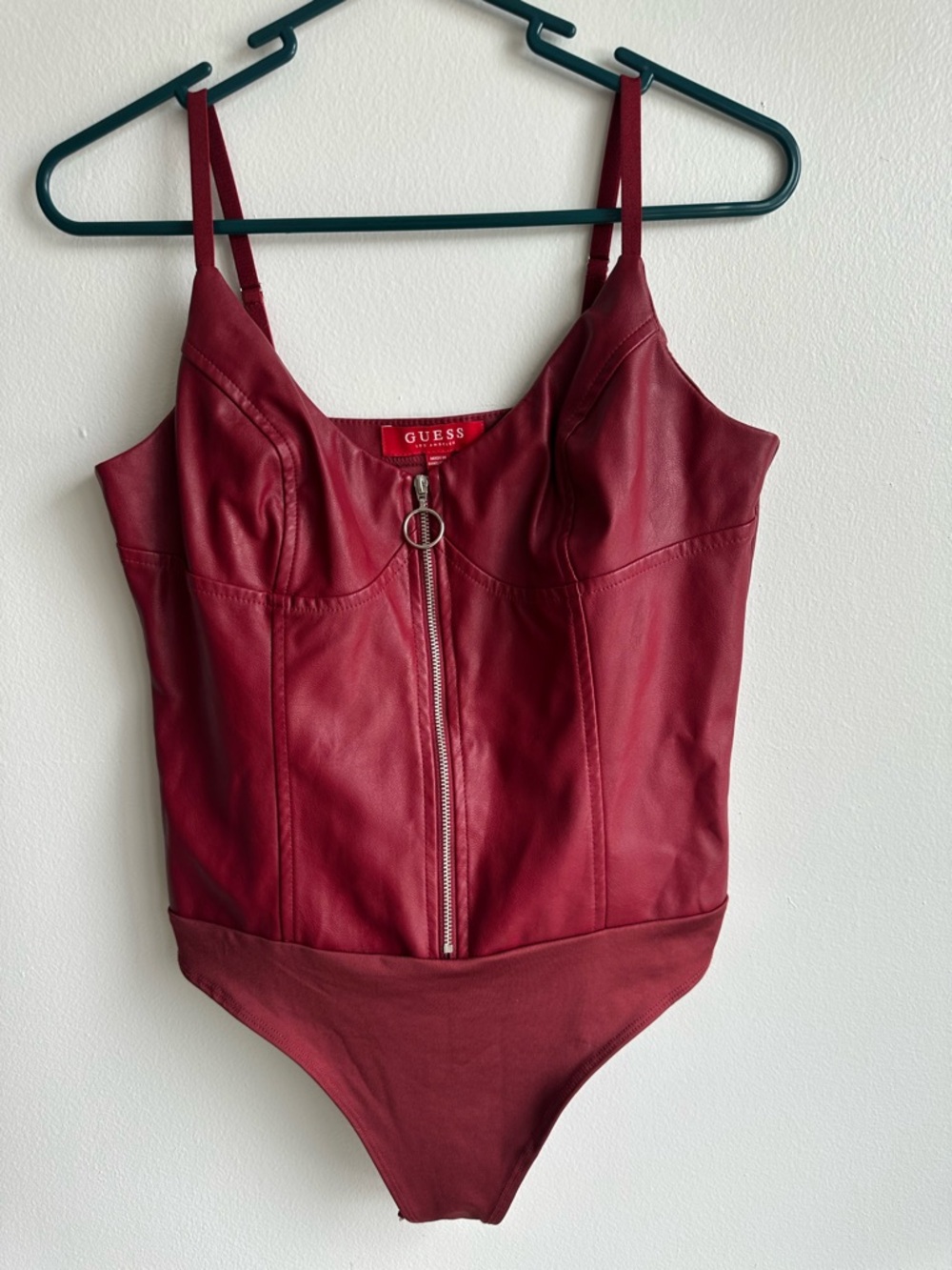 GUESS Burgundy Faux Leather Zip-Front One-Piece Bodysuit